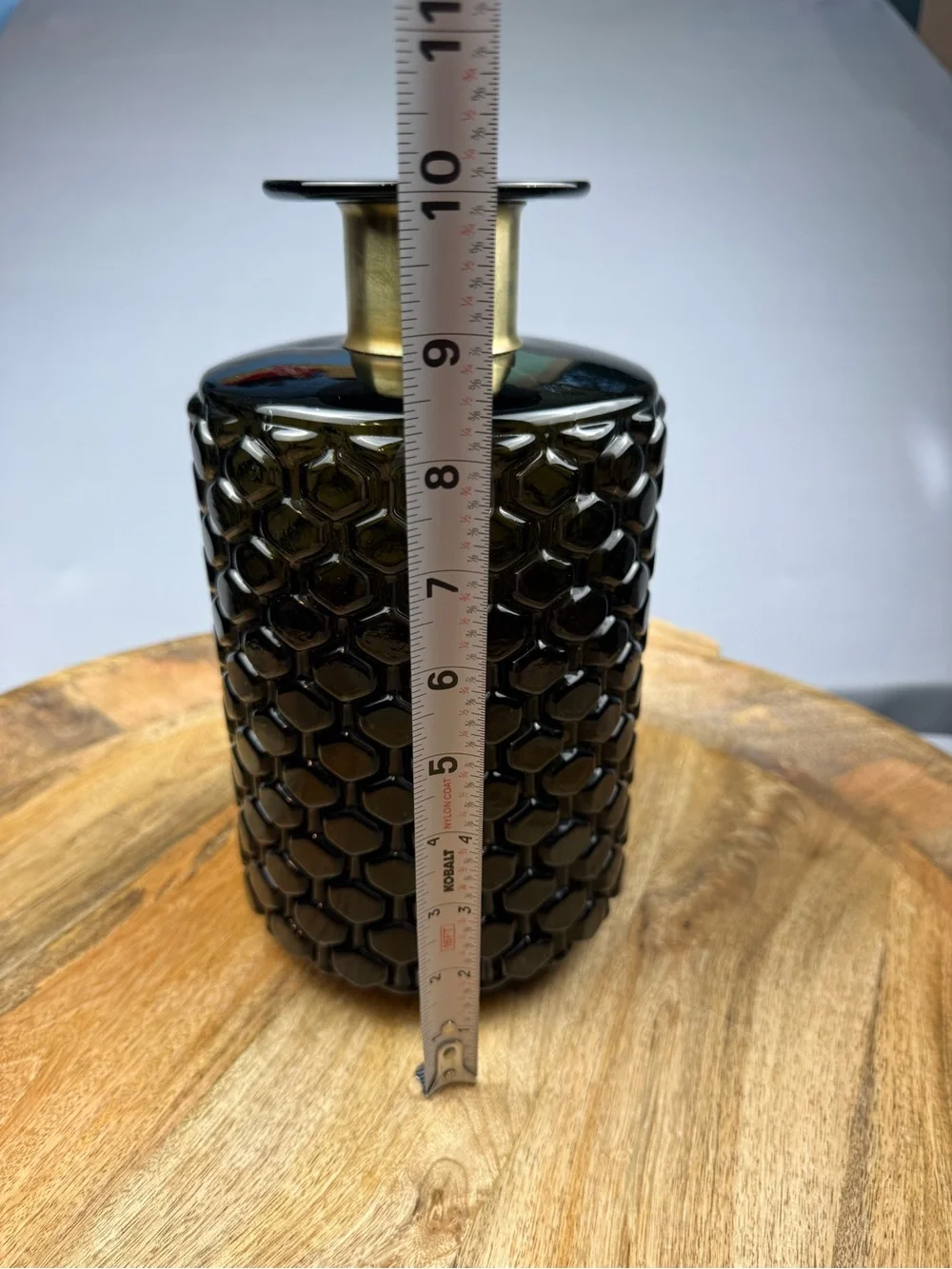 Vintage Black Honeycomb Glass Vase with Brass Collar MCM Decor